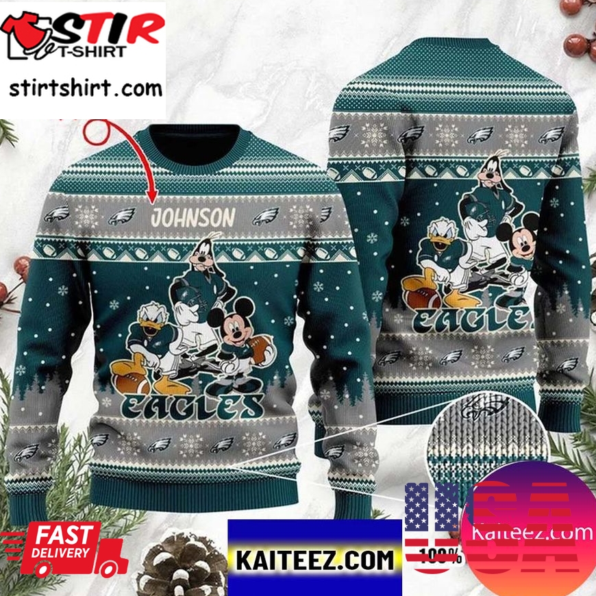 Philadelphia Eagles Disney Donald Duck Mickey Mouse Goofy Personalized Christmas Ugly Sweater