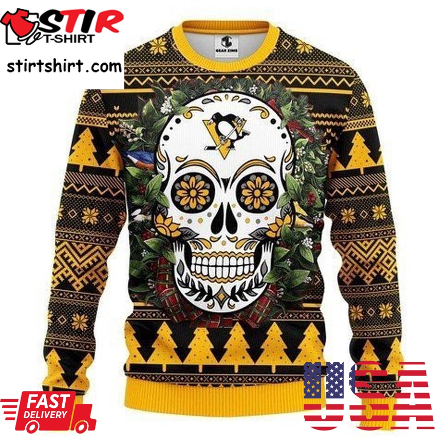 Pittsburgh Penguins Skull Flower For Unisex Ugly Christmas Sweater All