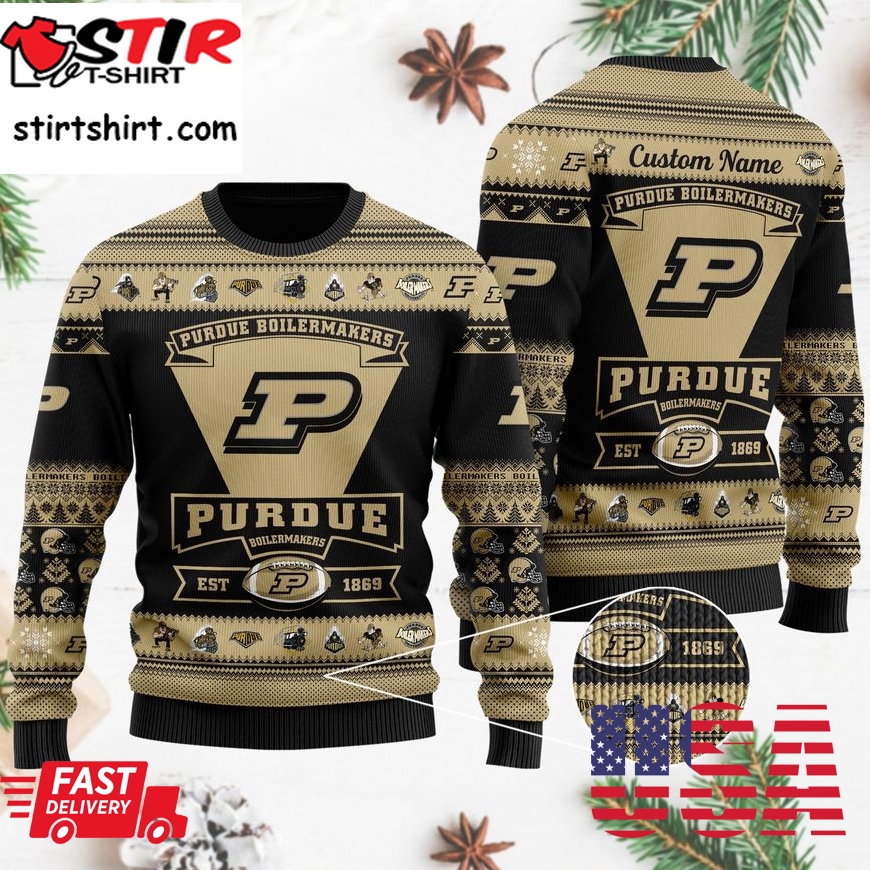 Purdue Boilermakers Football Team Logo Custom Name Personalized Ugly Christmas Sweater, Ugly Sweater, Christmas Sweaters, Hoodie, Sweatshirt, Sweater