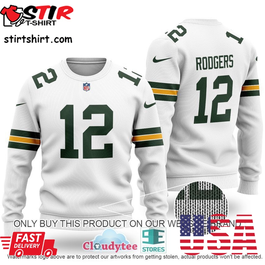 Rodgers 12 Green Bay Packers Nfl White Green Wool Sweater 