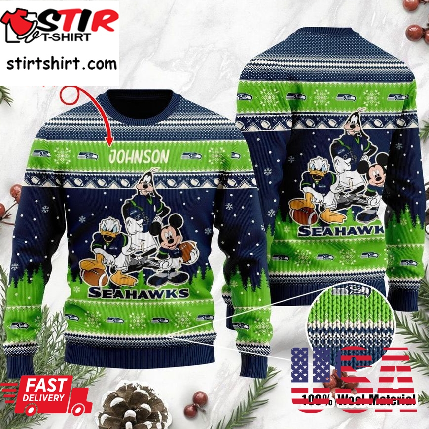 Seattle Seahawks Disney Donald Duck Mickey Mouse Goofy Personalized Ugly Christmas Sweater, Christmas Sweaters, Hoodie, Sweatshirt, Sweater