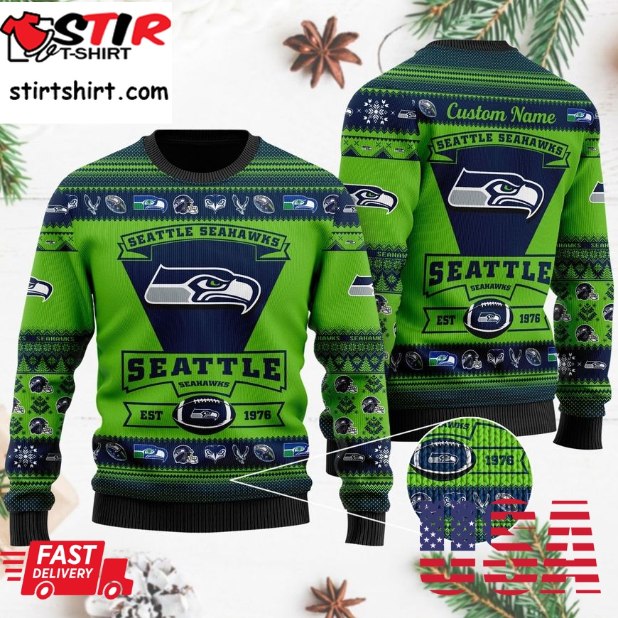 Seattle Seahawks Football Team Logo Custom Name Personalized Ugly Christmas Sweater, Ugly Sweater, Christmas Sweaters, Hoodie, Sweatshirt, Sweater