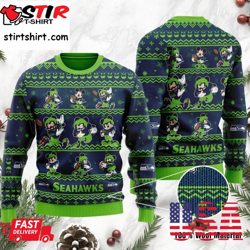 Seattle Seahawks Mickey Mouse Holiday Party Ugly Christmas Sweater Ugly