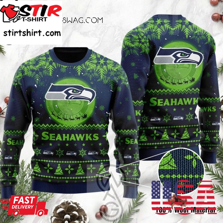 Seattle Seahawks Santa Claus In The Moon Holiday Party Ugly Christmas Sweater