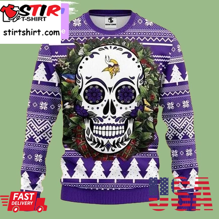 Skull Flower Xmas Minnesota Vikings 3D Ugly Christmas Sweatshirt