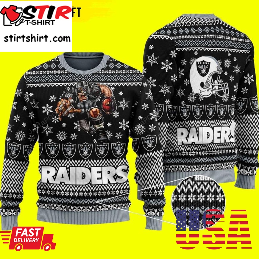 Sports Football Team Las Vegas Raiders, Player With Ball And Helmet Raiders Ugly Christmas Sweater