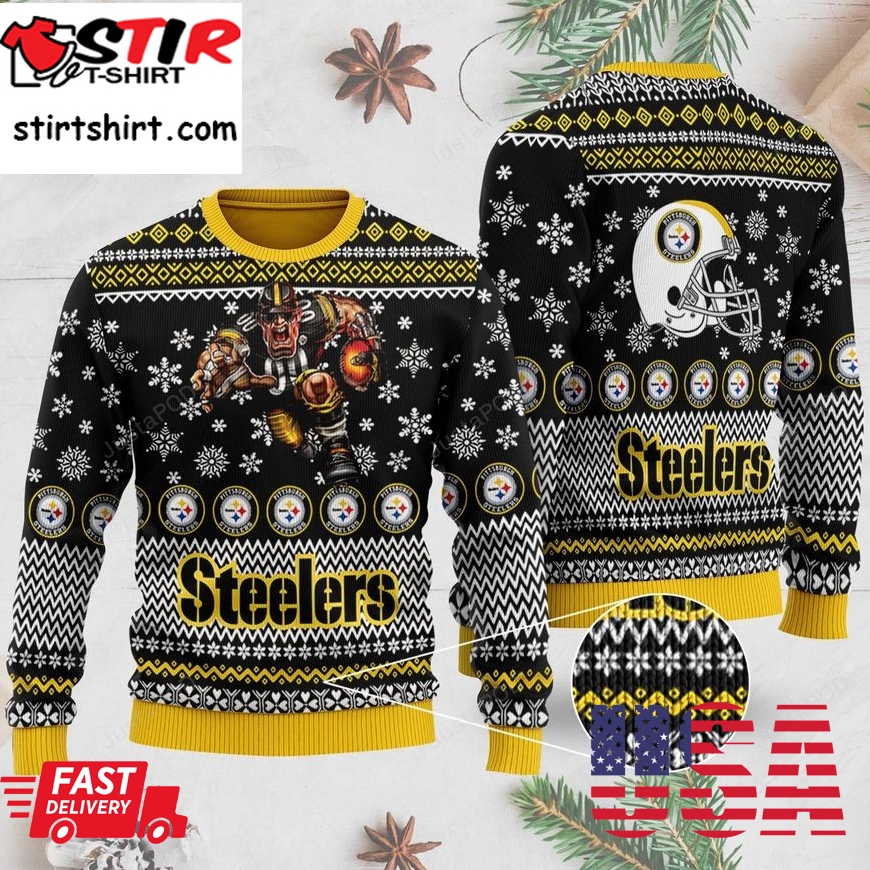 Sports Football Team Pittsburgh Steelers With Player Wearing Helmet Holding Ball Ugly Christmas Sweater, Ugly Sweater, Christmas Sweaters