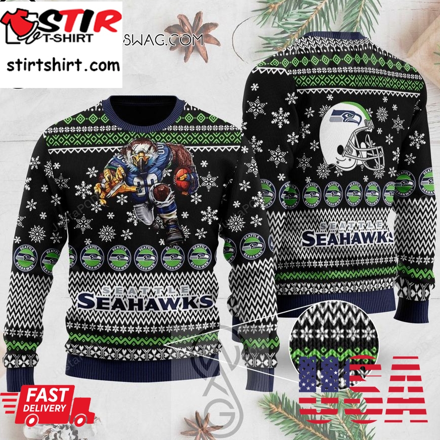 Sports Football Team Seattle Seahawks With Blitz The Mascot And Helmet Ugly Christmas Sweater