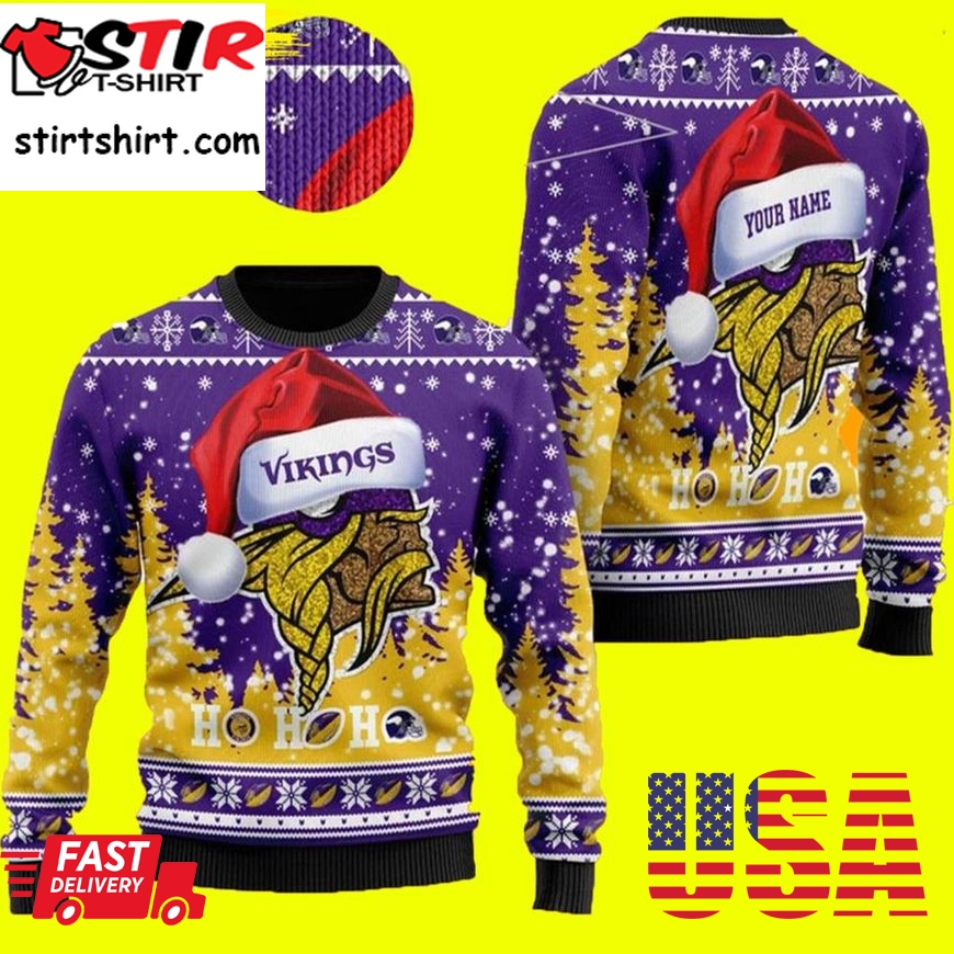 Symbol Wearing Santa Claus Hat Ho Ho Ho Custom Name Minnesota Vikings Ugly Christmas Sweater