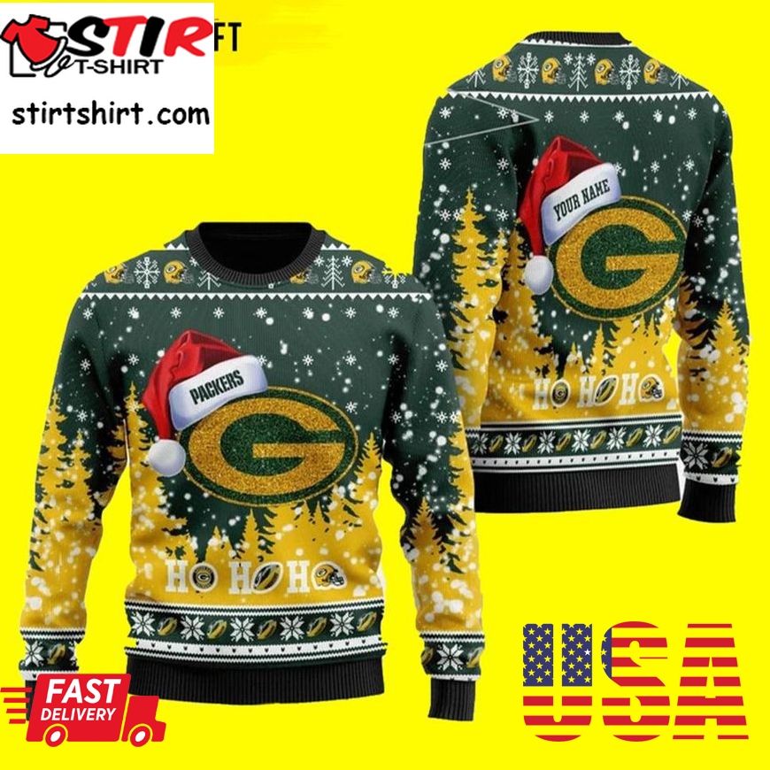 Symbol Wearing Santa Claus Hat Ho Ho Ho Custom Personalized Green Bay Packers Ugly Christmas Sweater