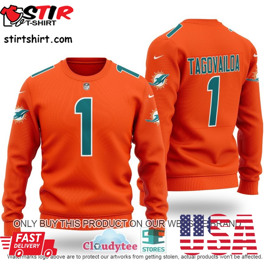 Tagovailoa 1 Miami Dolphins Nfl Orange Wool Sweater 