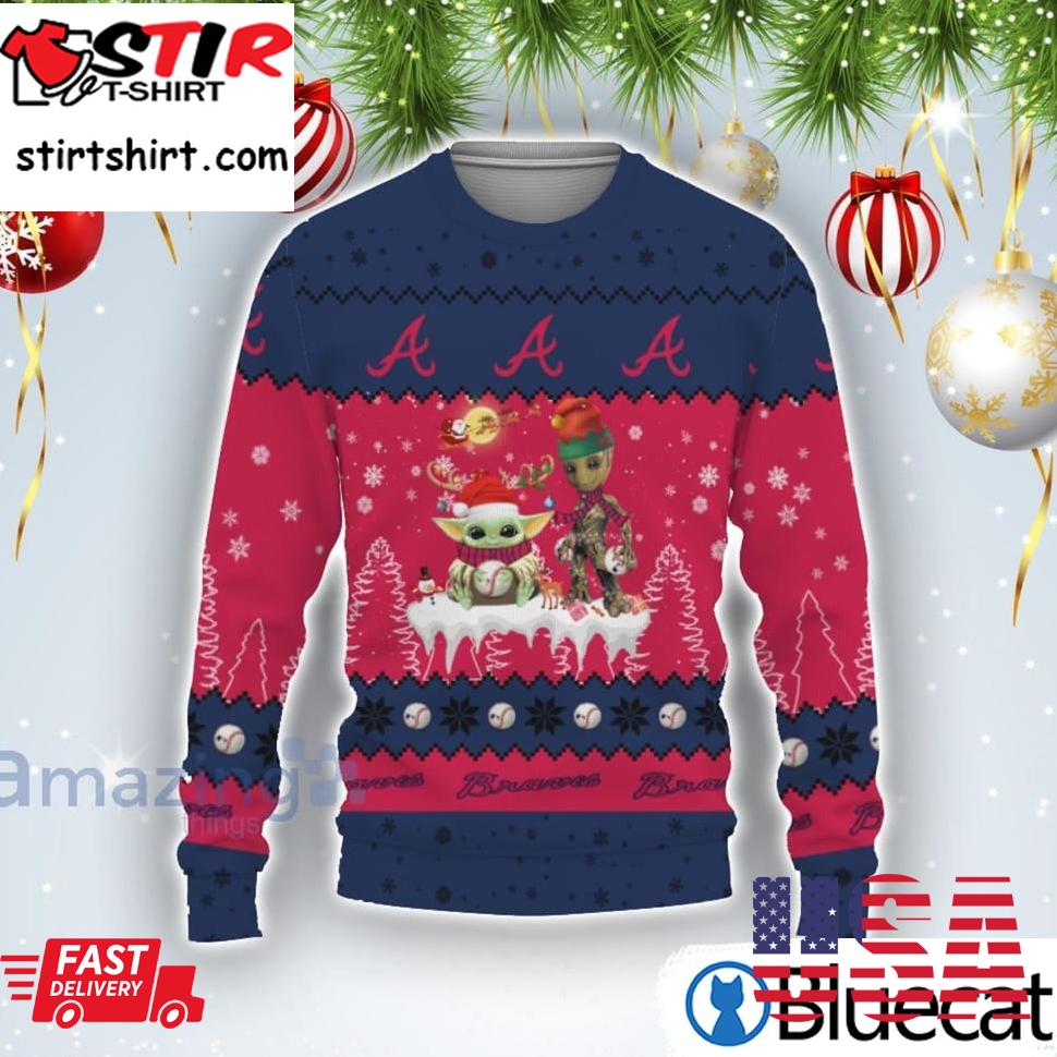 Tis The Season Christmas 2022 Baby Yoda Groot Cute Gift Atlanta Braves Ugly Christmas Sweater