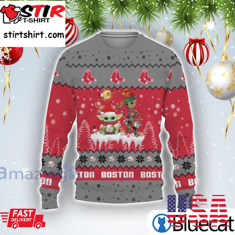 Tis The Season Christmas 2022 Baby Yoda Groot Cute Gift Boston Red Sox Ugly Christmas Sweater
