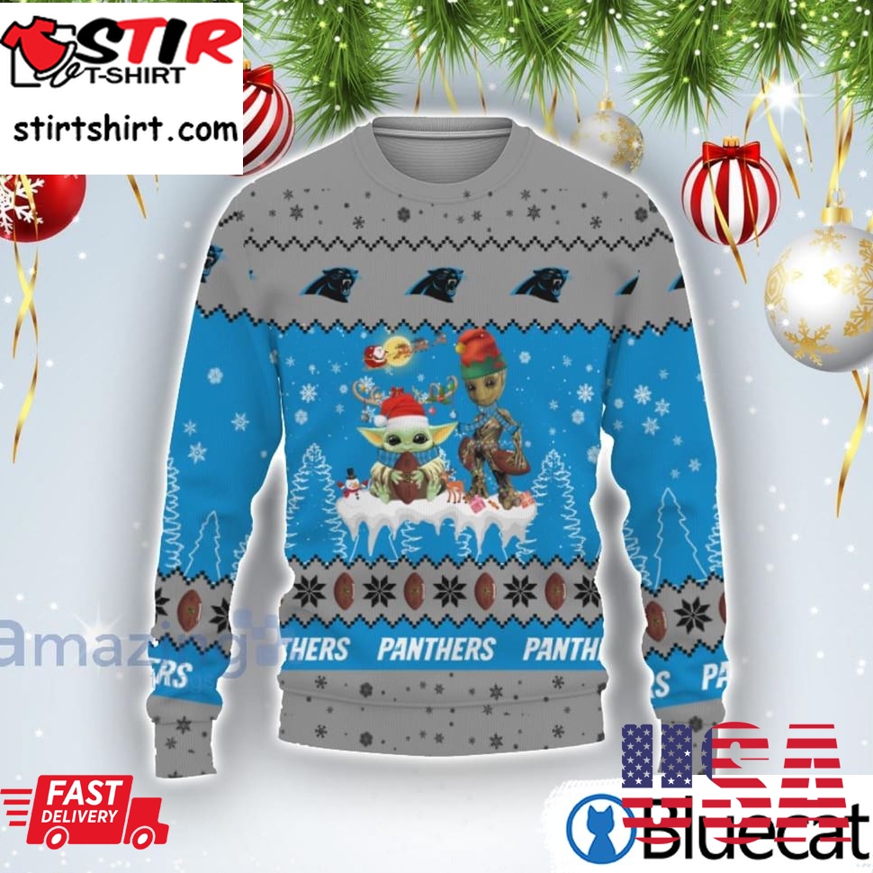 Tis The Season Christmas 2022 Baby Yoda Groot Cute Gift Carolina Panthers Ugly Christmas Sweater