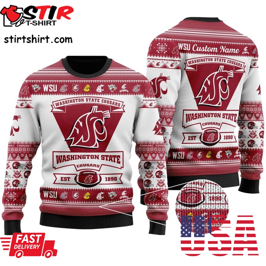 Washington State Cougars Football Team Logo Personalized Ugly Christmas Sweater, Ugly Sweater, Christmas Sweaters, Hoodie, Sweatshirt, Sweater
