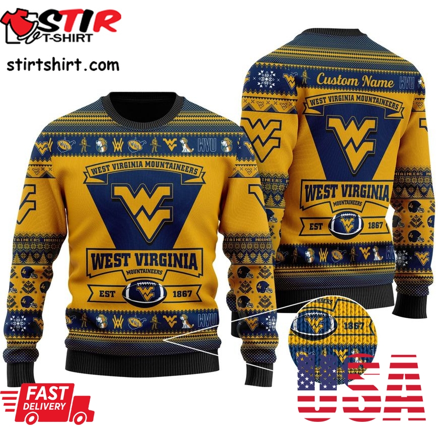 West Virginia Mountaineers Football Team Logo Personalized Ugly Christmas Sweater, Ugly Sweater, Christmas Sweaters, Hoodie, Sweatshirt, Sweater