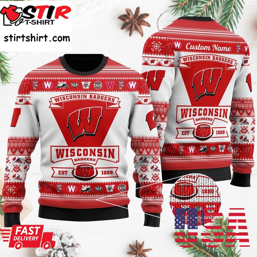 Wisconsin Badgers Football Team Logo Custom Name Personalized Ugly Christmas Sweater, Ugly Sweater, Christmas Sweaters, Hoodie, Sweatshirt, Sweater
