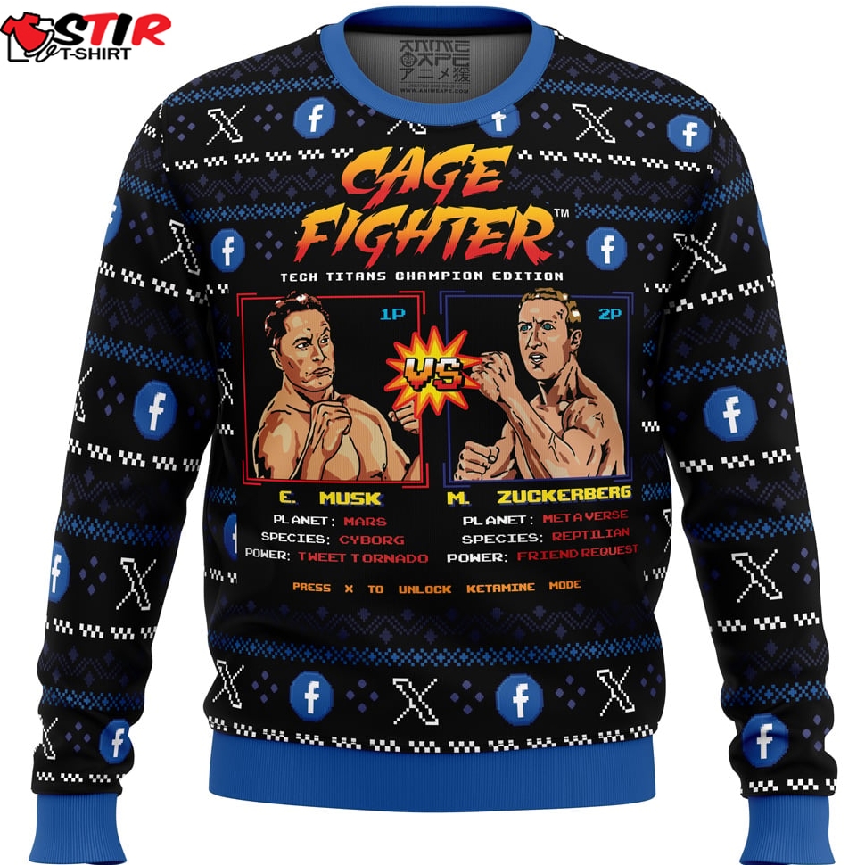 Cage Fighter Elun Mask Vsmark Zuckerberg Funny Pop Culture Ugly Christmas Sweater Stirtshirt