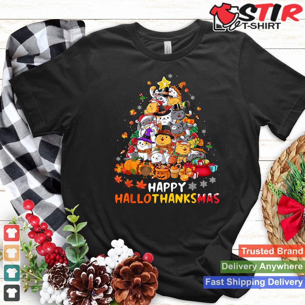 Happy Hallowthanksmas Cat Shirt Funny Kitten Pumpkin Turkey