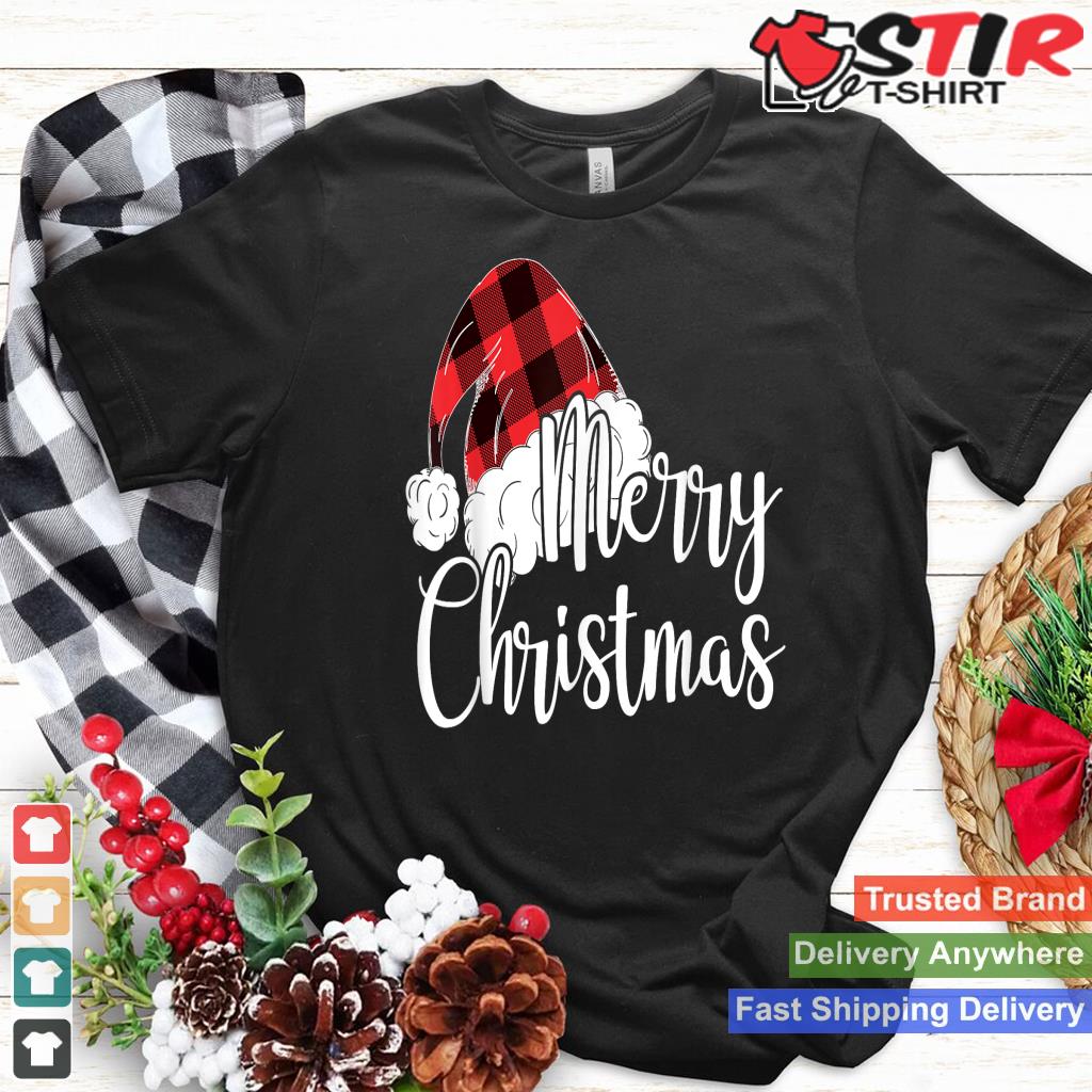 Merry Christmas Gift Cute Plaid Santas Hat Funny Women Xmas Shirt Hoodie Sweater Long Sleeve