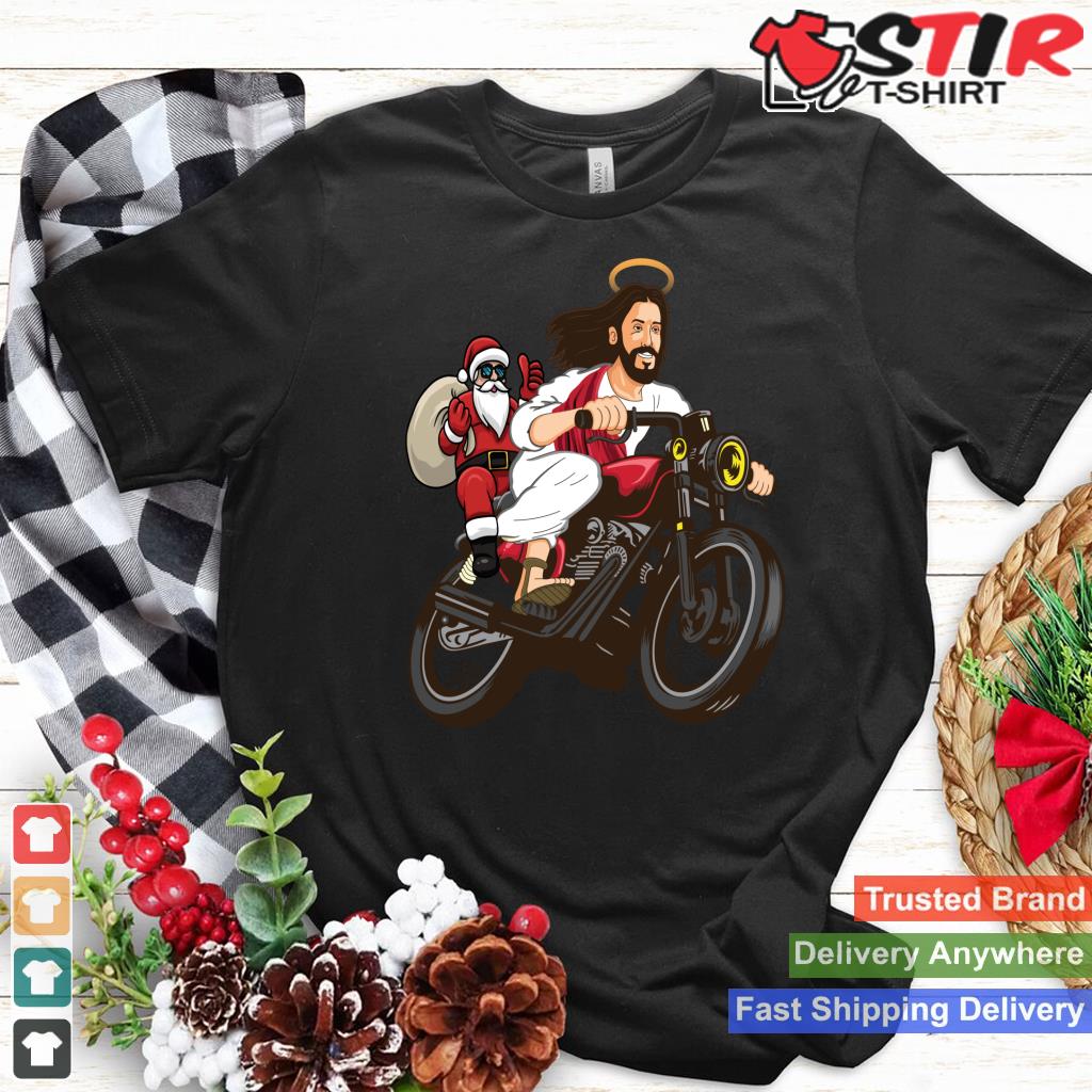 Santa & Jesus Riding On Motorcycle Funny Christmas Biker Fun Long Sleeve
