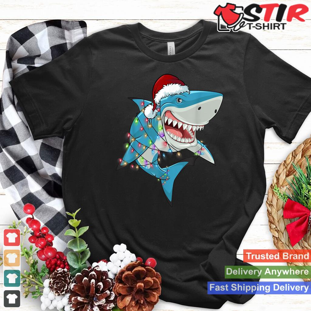 Shark Christmas Tree Lights Santa Hat Xmas Gifts Boys Kids Shirt Hoodie Sweater Long Sleeve