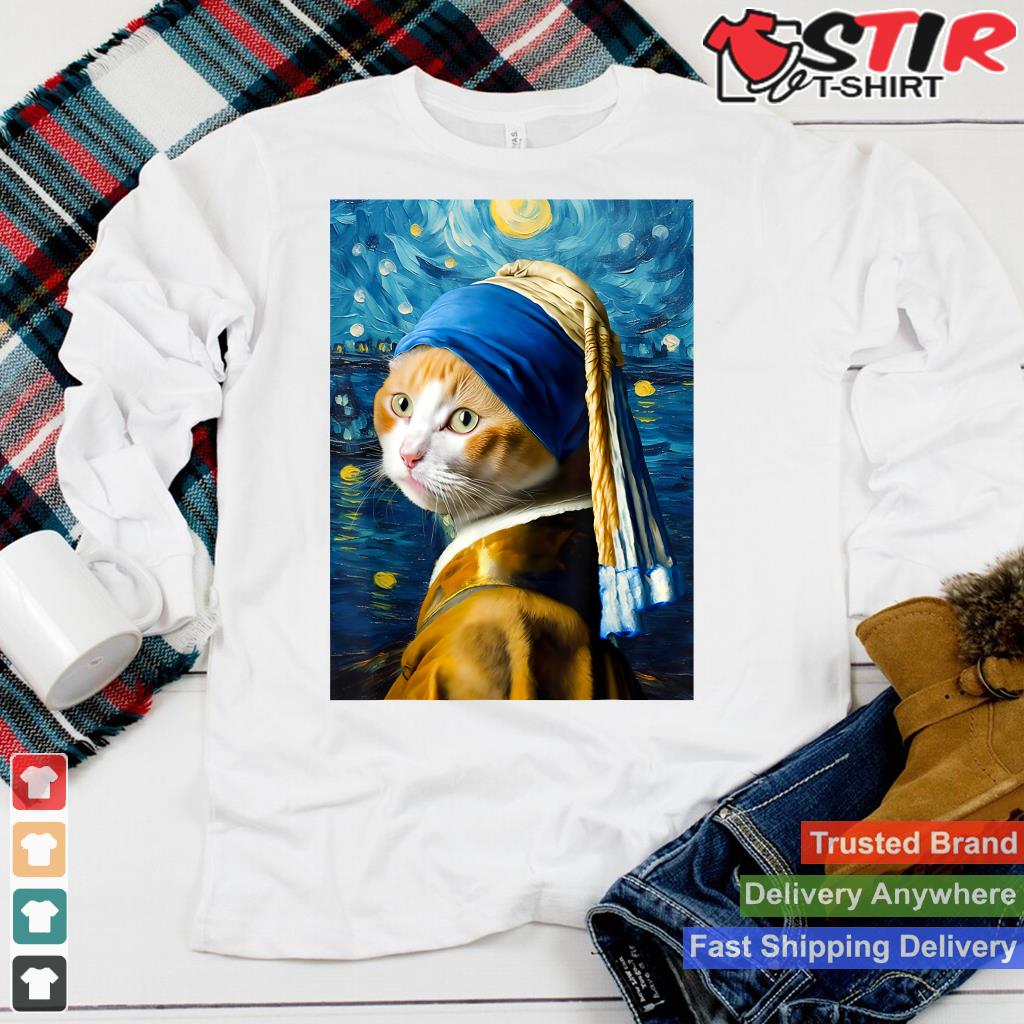 Starry Night Cat, Van Gogh Cat, Cat Lover, Cat With Pearl Shirt Hoodie Sweater Long Sleeve