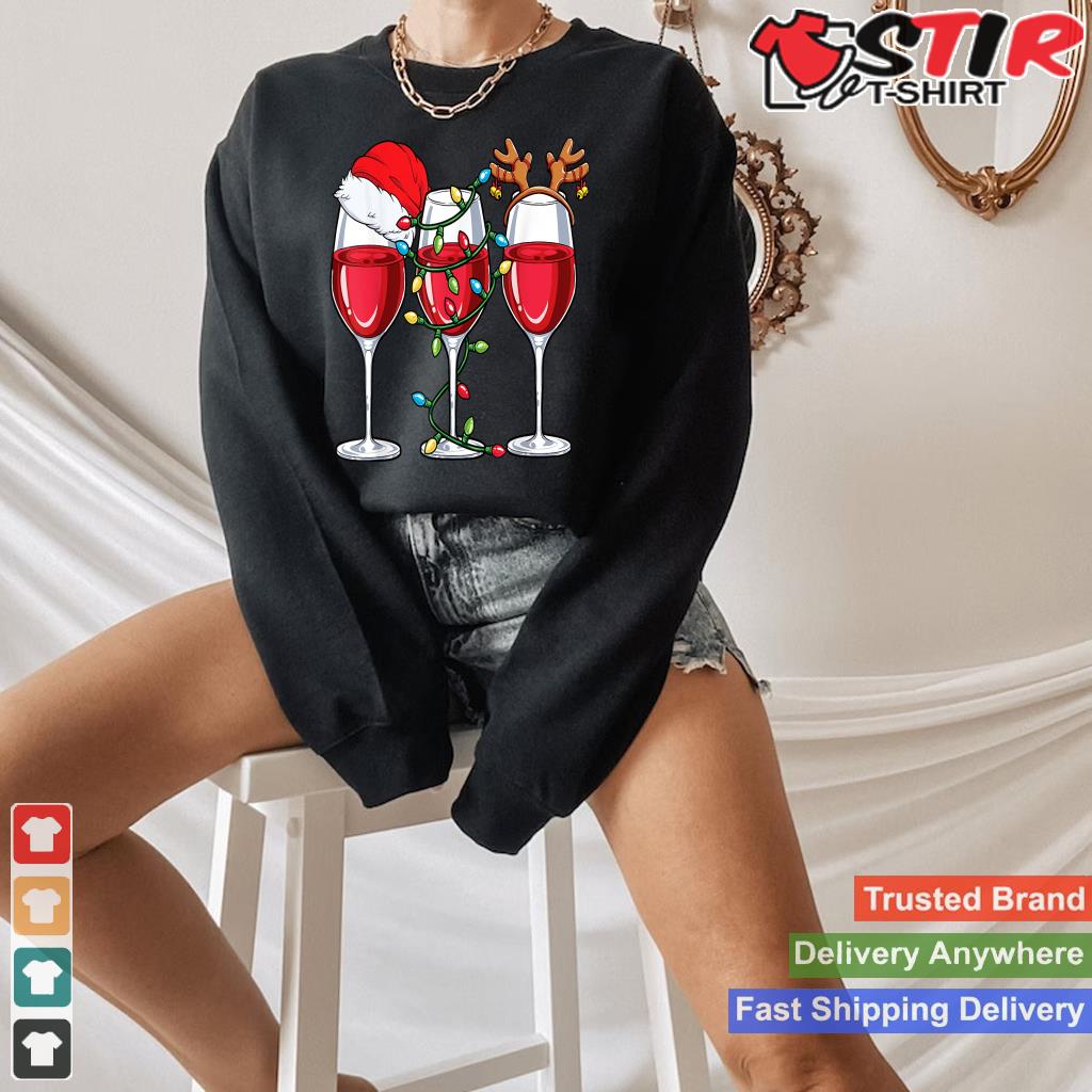 Wine Christmas Santa Hat Xmas Lights Reindeer Antlers Women Shirt Hoodie Sweater Long Sleeve