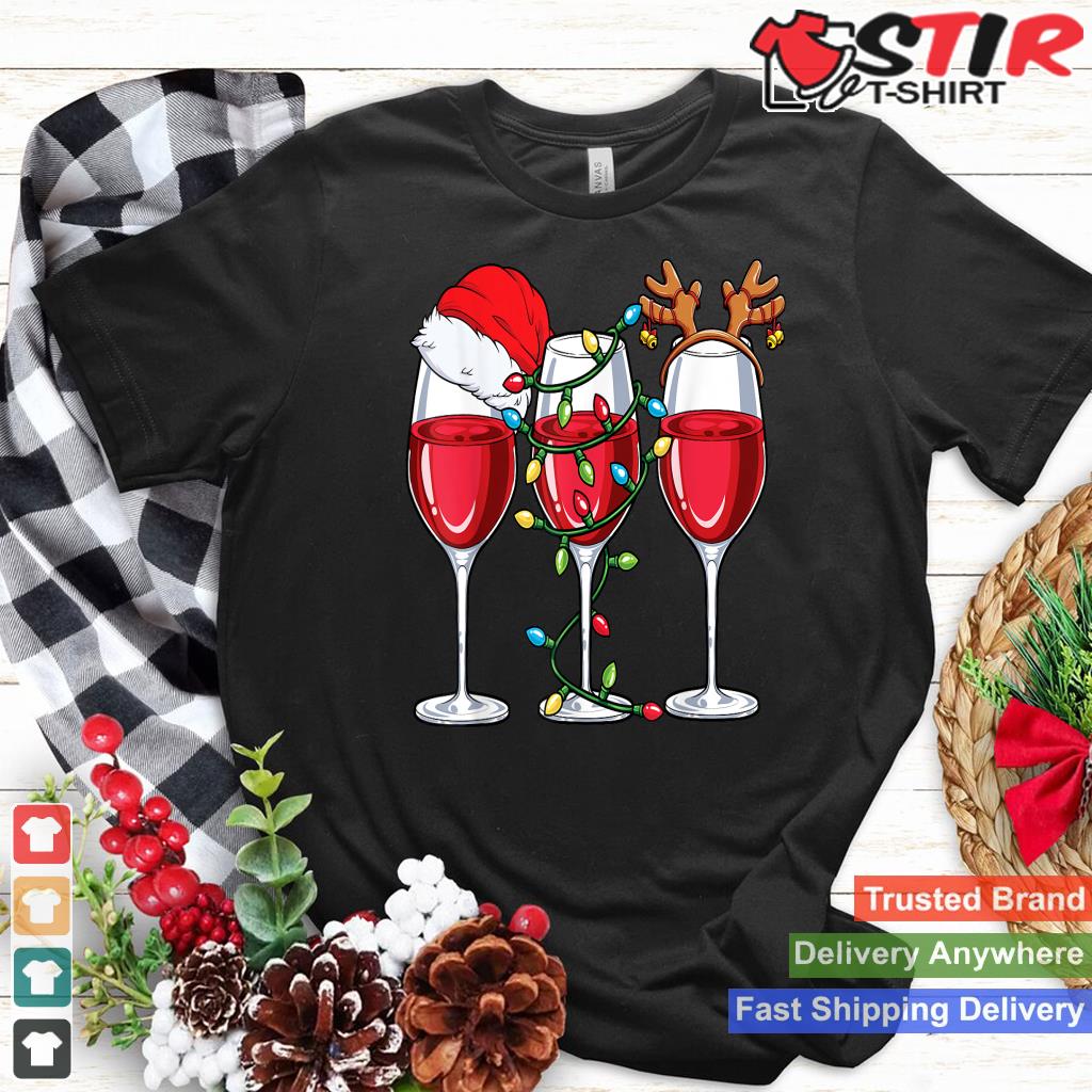Wine Christmas Santa Hat Xmas Lights Reindeer Antlers Women Shirt Hoodie Sweater Long Sleeve