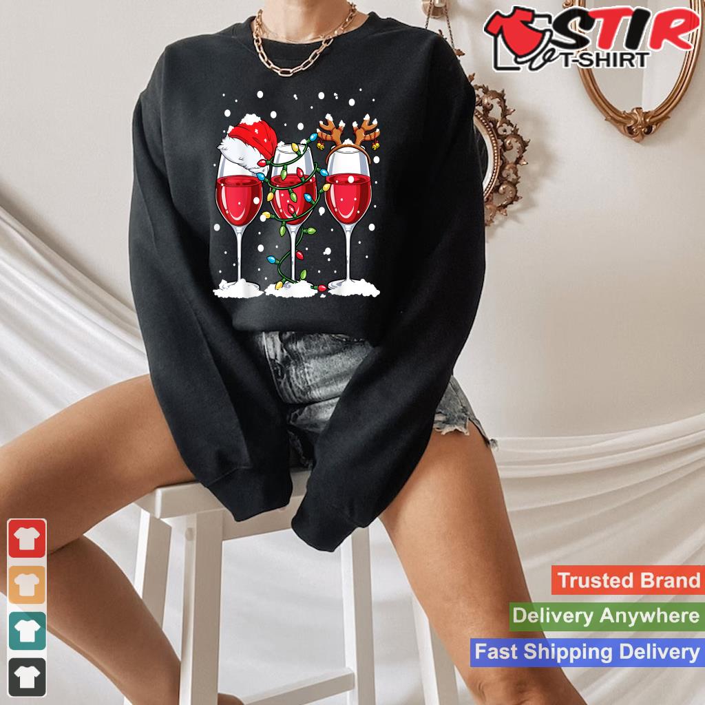 Wine Christmas Santa Hat Xmas Lights Reindeer Antlers Women_1 Shirt Hoodie Sweater Long Sleeve