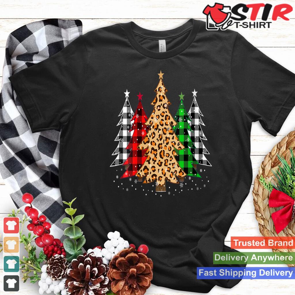Womens Christmas Trees With Buffalo Plaid & Leopard Print Xmas V Neck Shirt Hoodie Sweater Long Sleeve